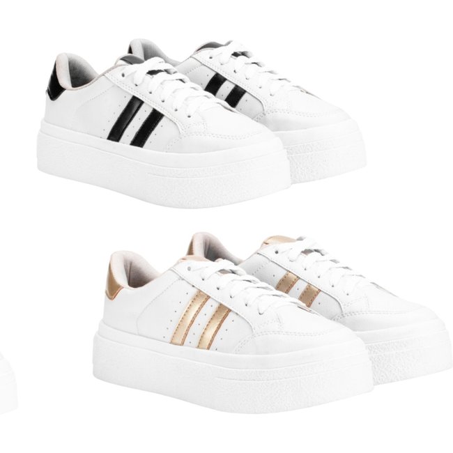 Kit 2 Tenis Feminino Sapatenis Sola Alta Listras Preto+Dourado Casual Original