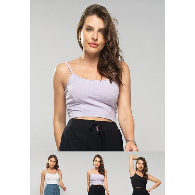 Kit 3 Croppeds Alça Fina Canelado Salvatore Fashion Preto, Branco e Lilás