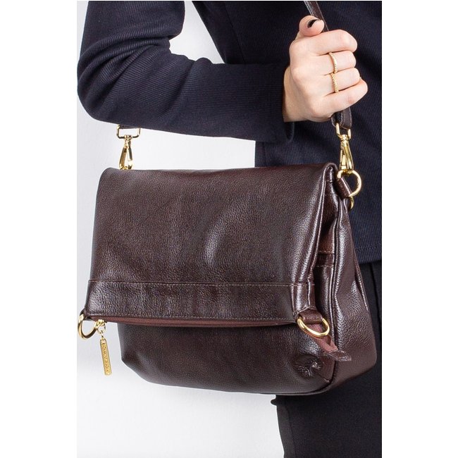 Bolsa tiracolo grande de couro liso Cida - Café