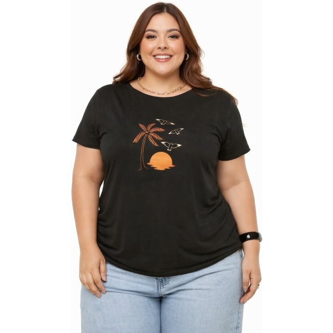 T-shirt Plus Size D Bell Outlet Fashion Gaivotas Sunset Preto