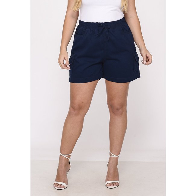 Shorts Cargo Feminino de Algodão Conforto e Estilo Casual Cintura Elástica Bolsos Laterais Azul