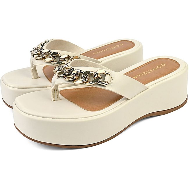Sandalia Feminina Plataforma Anabela Donatella Shoes Chinelo de Dedo Corrente Sola Alta Off White