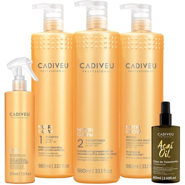 Kit Cadiveu Professional Nutri Glow Shampoo Condicionador Máscara Litro Fluído e Açaí Oil 60 (5 produtos)