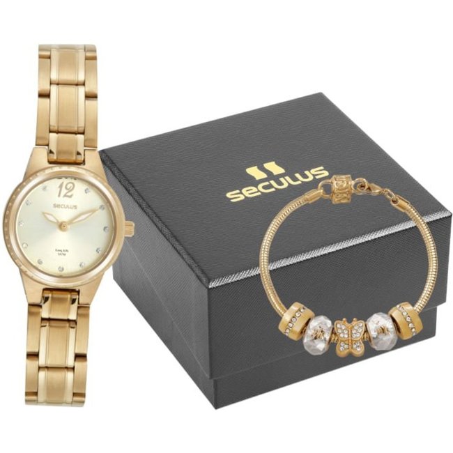 Kit Relógio Seculus Feminino Analógico com Berloques Dourado Seculus