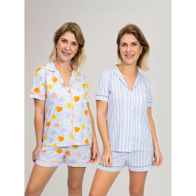 KIT Pijama Americano Curto Listrado Azul + Pijama Americano Curto Coração Colorido