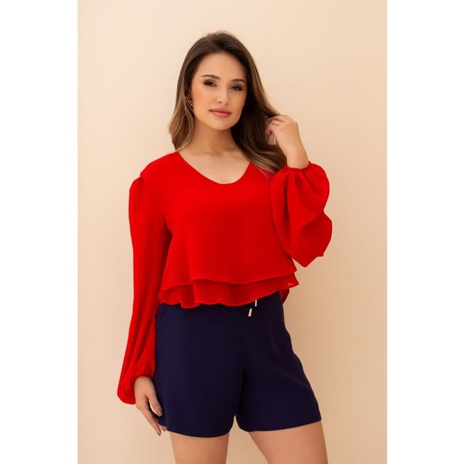 Blusa Feminina De Crepe Com Babados Casual Despojada Fofa