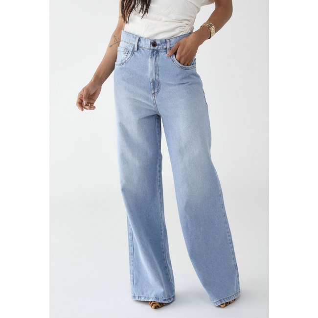 Calça Jeans Lança Perfume Wide Leg Pesponto Azul