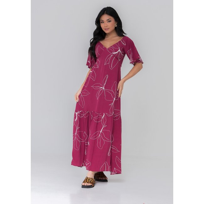 Vestido Aura Longo Madrid Flor Vinho