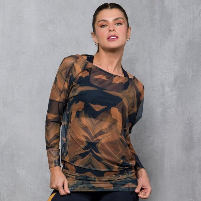 Blusa De Chelles Tule Estampado Gola Canoa e Manga Longa FT1122BL