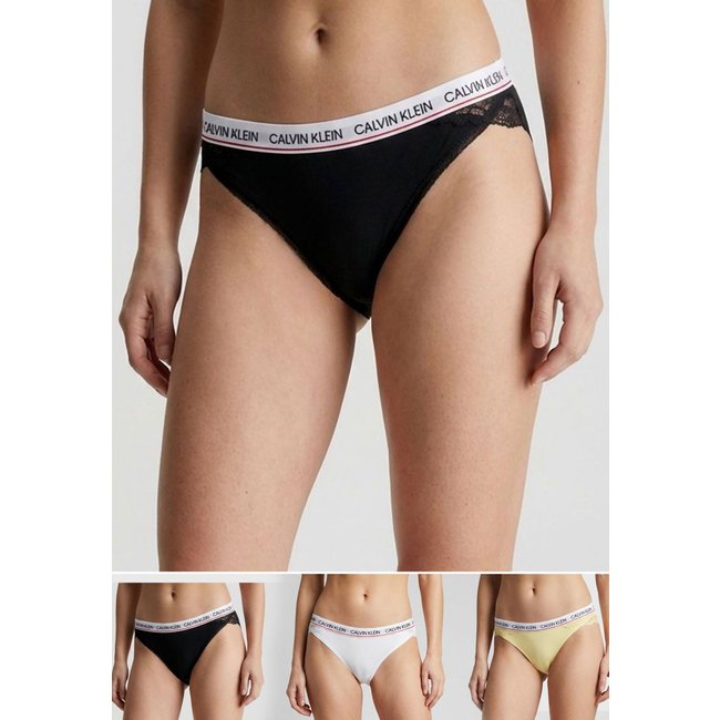 Kit Calcinha Tanga Calvin Klein Underwear Renda e Microfibra Preta/Branca/Amarelo Claro