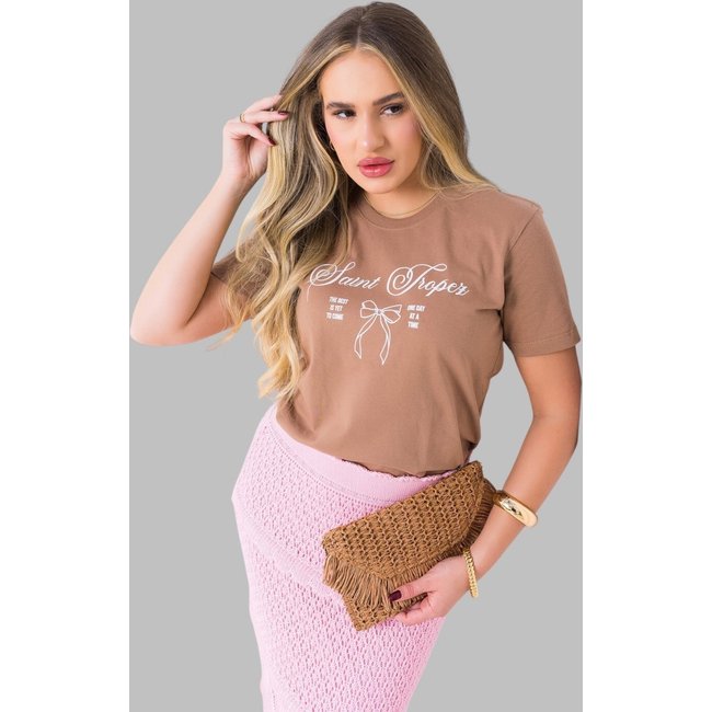 Camiseta Feminina Cianitas Marrom Estampa Laço Saint Tropez