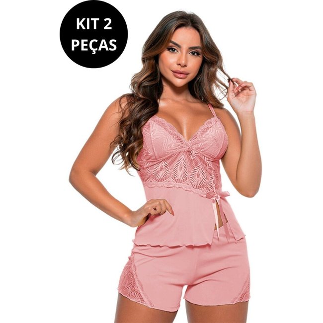 Kit 2 Baby Dolls Gabi Lingerie Sensual Sem Bojo Microfibra Rendado Sexy Multicolorido
