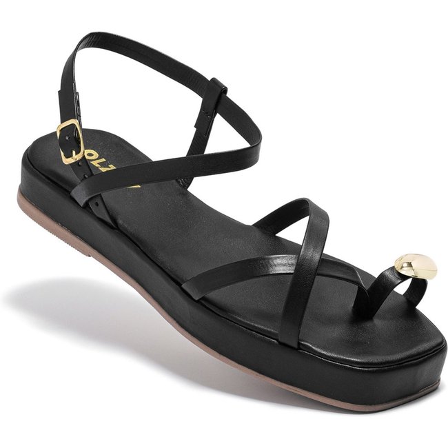 Sandália Rasteira Feminina Olzzy Design Moderno com Detalhe Metálico Dourado Confortável e Leve Preto