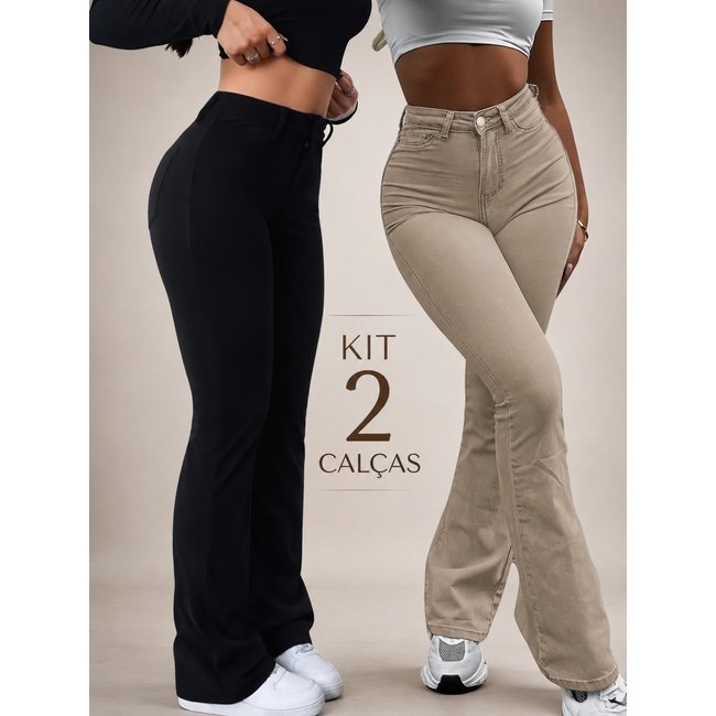 Kit 2 Calças Flare Jeans Feminina SK JEANS Estilo Gringa Moda Blogueira Fashion e Casual Bege e Preta