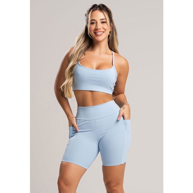 Short Fitness MVB Modas Bolsos Cintura Alta Feminina Poliamida Céu