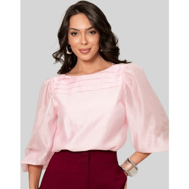 Blusa Miss e Misses Ivana Manga Longa C/Prega Frente Rosa