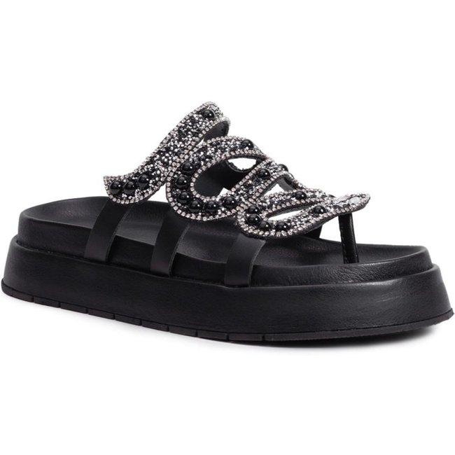 Sandália Feminina Papete Flatform Pedraria Strass Brilho Preto 34