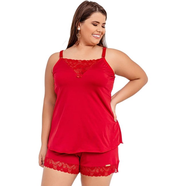 Pijama Short Doll Baby Doll IMI Lingerie Em Microfibra E Renda Plus Size Cecília Vermelho