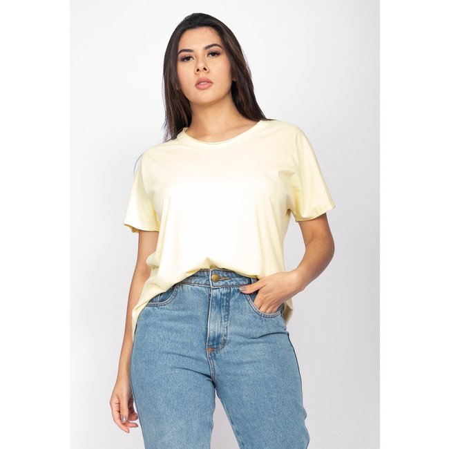 T-Shirt Ampla Malha de Cânhamo Manga Curta Amarelo Pastel