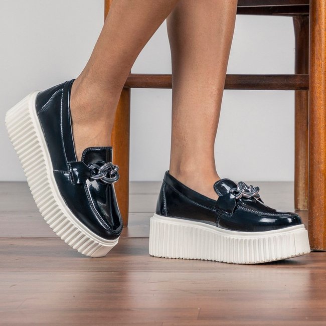 Mocassim Feminino GuGi Victoria Metalizado Sola Alta Antiderrapante Moda Preto Verniz