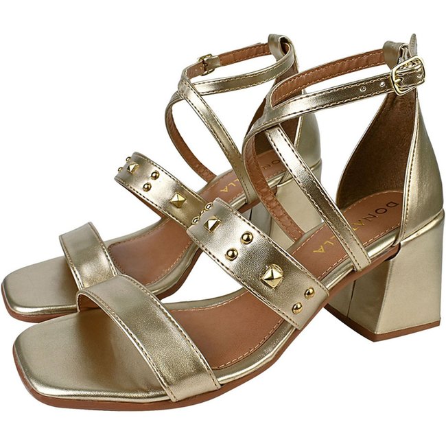 Sandália Feminina Salto Alto Donatella Shoes Bico Quadrado Casual Spike Hotfix Metalizada Ouro Light