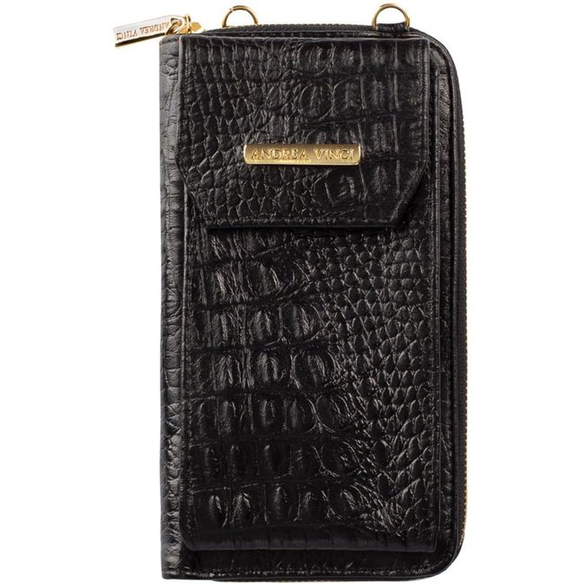 Carteira feminina de couro croco com alça Rafa 19x10,5cm - Preto