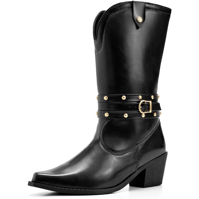 Bota Feminina Lumiss Country Western Cano Médio Salto Baixo Bico Fino Tachas Fivela Preto