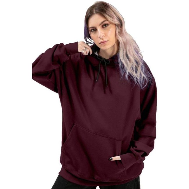 Moletom Relaxado Feminino Canguru Liso Confortável Vinho