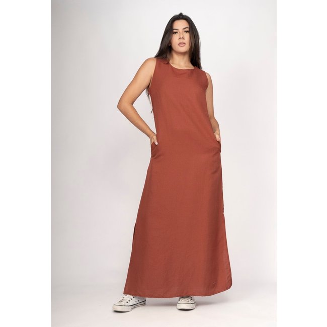 Vestido Cabanafree Longo Linho com Viscose com Bolso Terracota