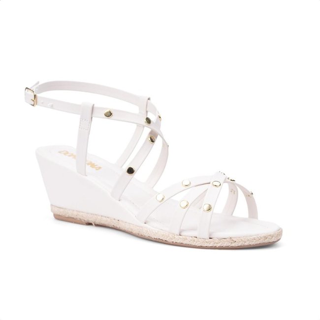 Sandália Anabela Off White Tiras Com Tachas Fivela Dourada
