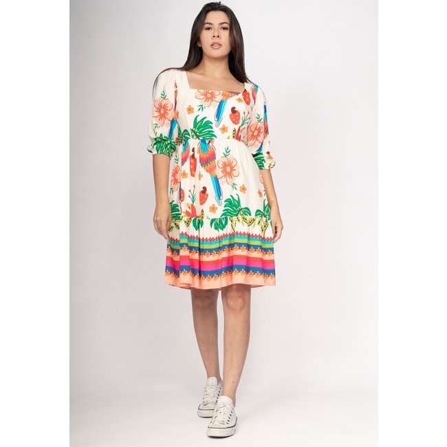 Vestido CabanaFree Curto Manga 3/4 Estampa Arara Brasileira