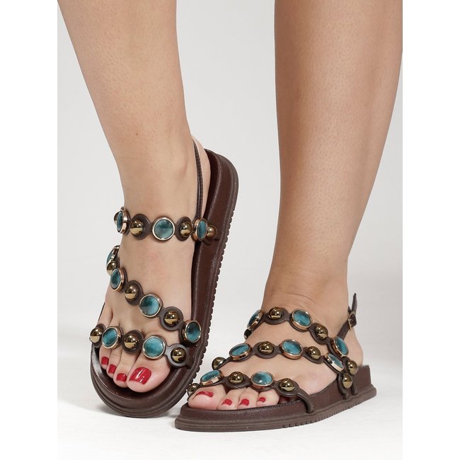 Papete Sandália Flor de Griffe Flatform Confortável Elegante Pedras Casual Rasteira Moda Verão Café