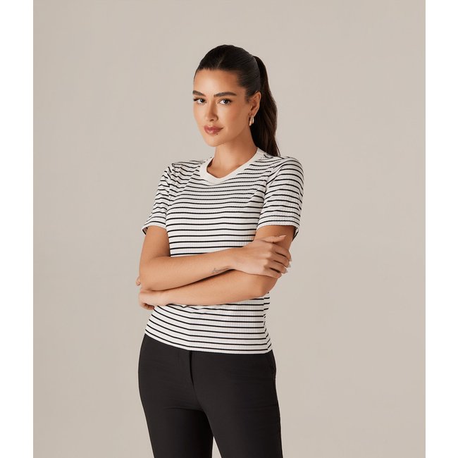 Blusa Listrada Gola Lisa Feminina Off White