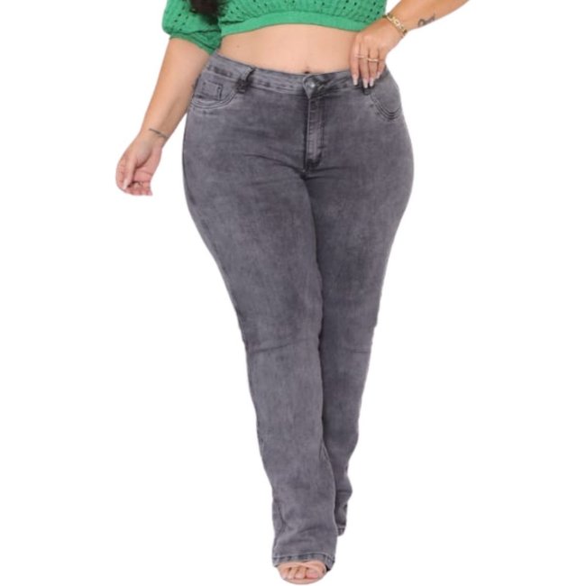 Calça Flare Feminina Jeans Loka Plus Size Cinza Marmorizada