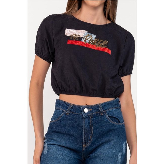 Blusa curta com manga detalhe em veludo Preto