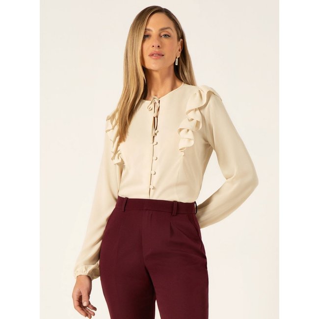 Camisa Principess Manga Longa em Crepe com Babado Aveia Kassandra