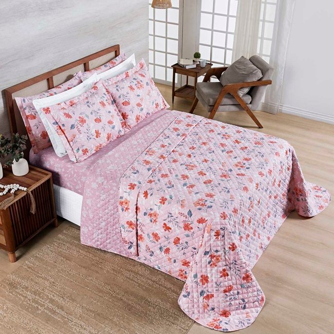 Kit Cobre Leito Colcha Casa Scarpa Belle King Estampado Dupla Face 400 Fios 3 Peças Floral Rosê