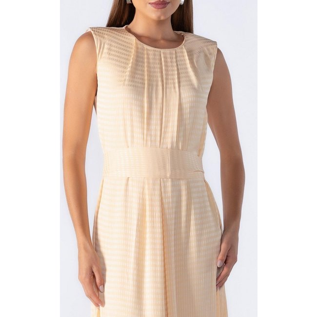 Vestido longo reto com ombreiras Bege