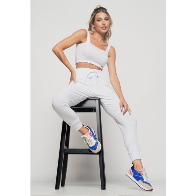 Calça Salvatore Jogger Comfy Malha Canelada Branca