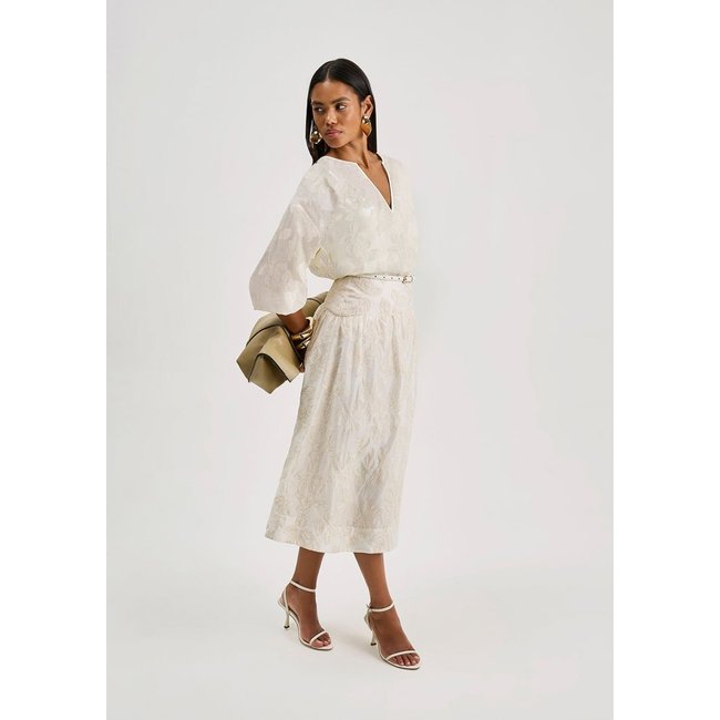 Blusa Iódice Solta Decote V Manga Longa Alongada Off-white