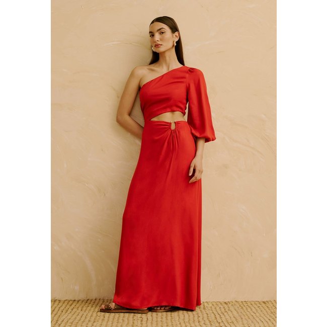 Vestido Longo Liso Um Ombro Só com Detalhe na Cintura
