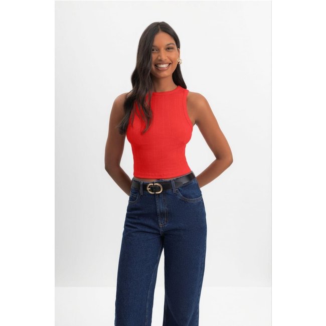 Blusa cropped feminina canelada Essendi Vermelho médio Vermelho