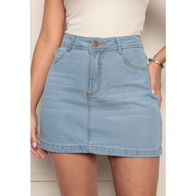 Saia Jeans Cintura Alta com Barra Ethereal Jeans Lavagem Clara
