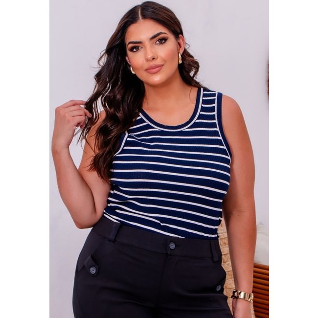 Blusa Plus Size Regata Canelada Listrada Azul