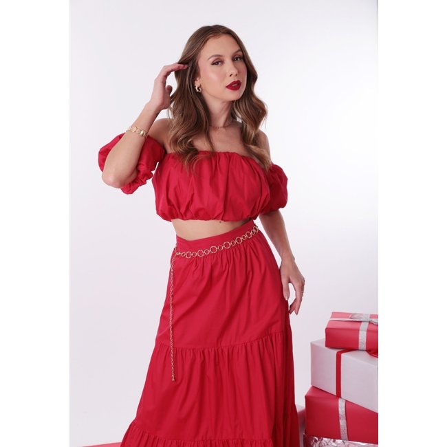 Cropped Pop Me Balonê Em Tricoline Decote Reto Vermelho