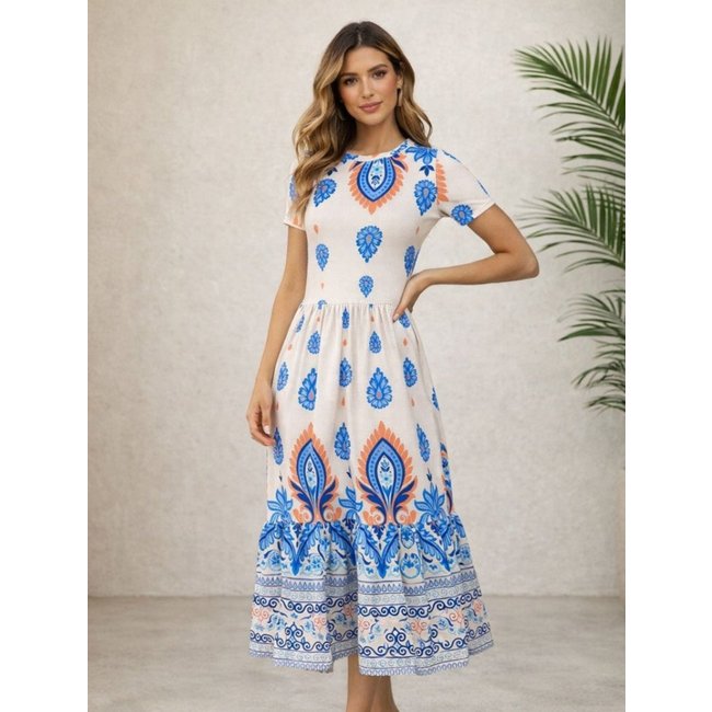 Vestido Estampado Manga Curta Moda Verão Casual Confortável Azul Elegante