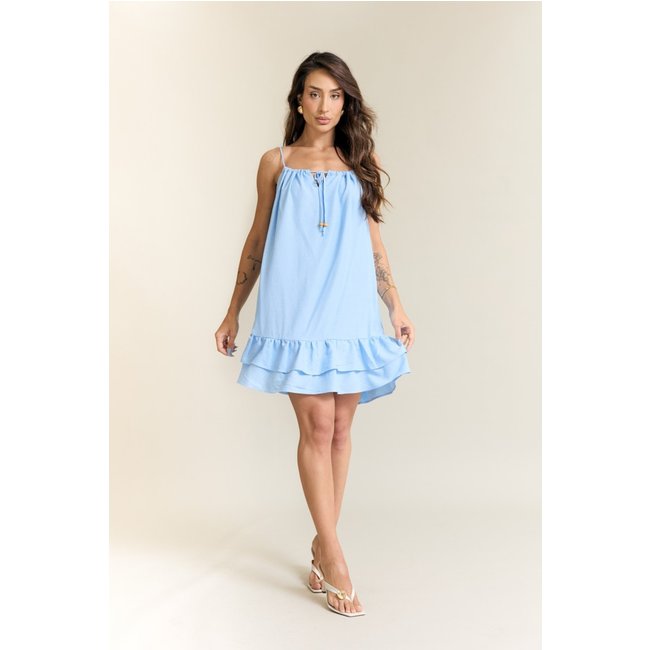 Vestido Curto Soltinho Alças Finas Babado Azul Lemier Collection