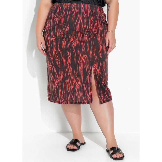Saia Com Fenda Plus Size Abstrata Preta Marguerite