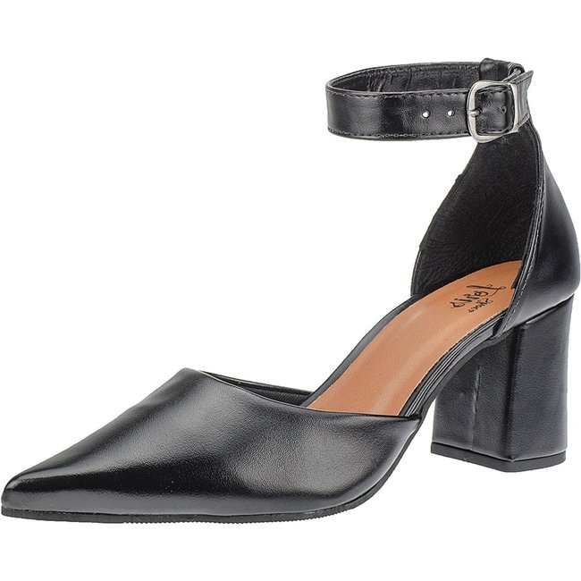 Sandália Scarpin Fivela Lóris Shoes Bico Fino Salto Alto Grosso Preto
