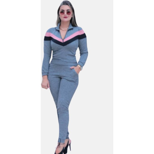 Conjunto Agasalho Summer Body Malha Crepe com Zíper gola alta Cinza